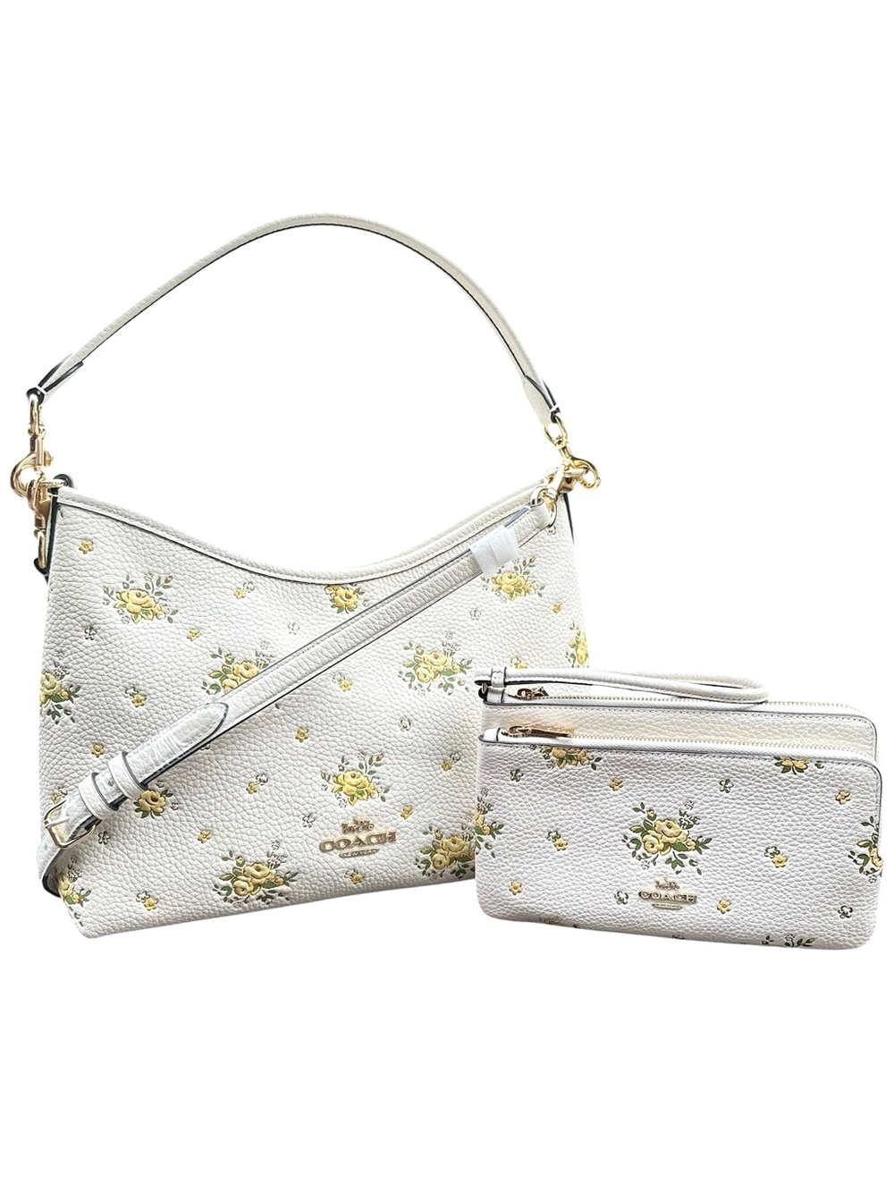 COACH White Laurel Pebbled Leather Floral Shoulder Bag & Cay51 Wristlet Set NWOT